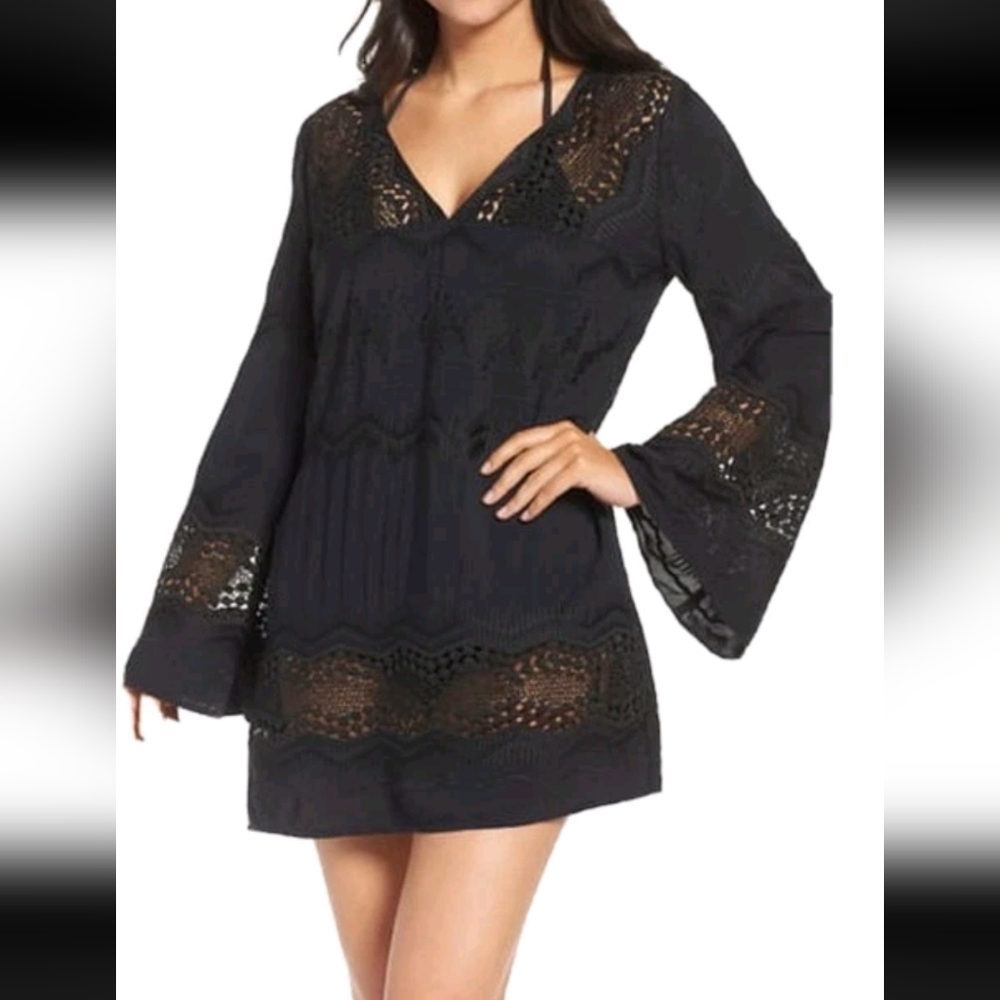 La Blanca Tunic Swimsuit Cover-Up Black Crochet Lace V Neck Dress Small